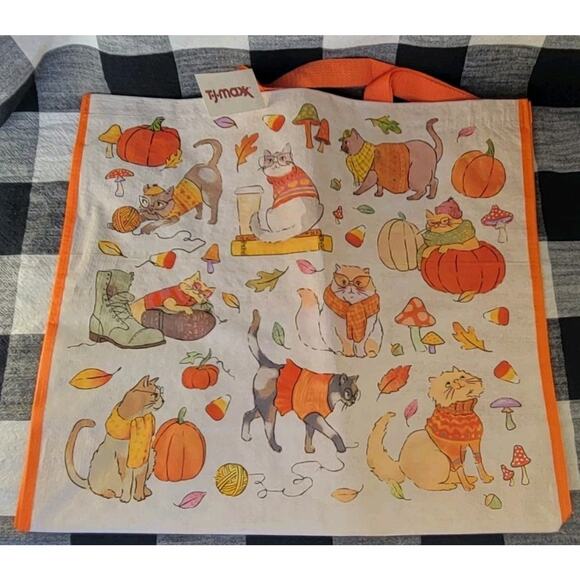 Halloween Fall Cats Sweaters Candy Corn Pumpkins Vinyl Reusable Bag TJMaxxNWT - Picture 1 of 4